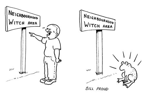 Man marks at a sign marked 'Neighbourhood Witch Area' - then turns into a frog.