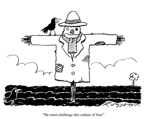 Crow walks on scarecrow, telling friend: 'We must challenge this culture of fear.'