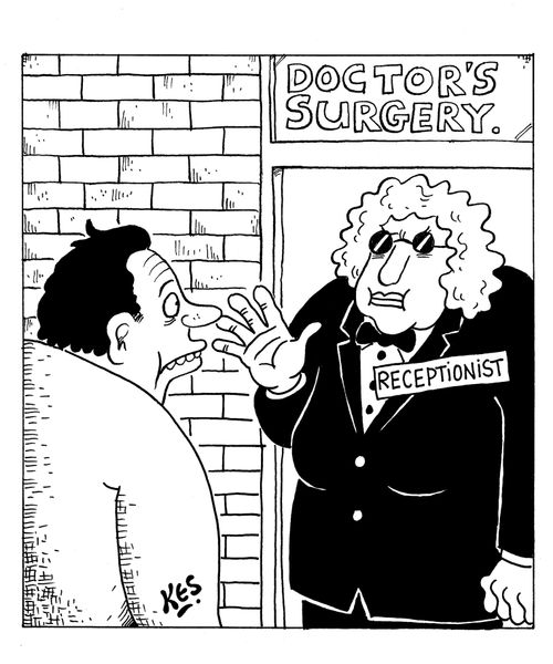 Man is stopped from entering doctor's surgery by a receptionist dressed as a bouncer.
