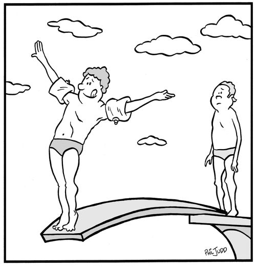 Diver on the high dive board with floaties on each arm,