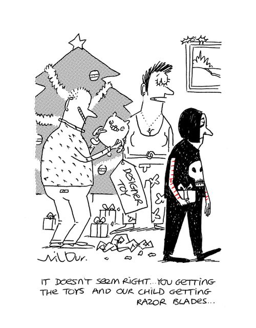 'It doesn't seem right...you getting the toys and our child getting razor blades...'