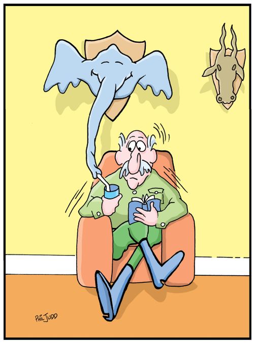 Man sitting in chair having a drink, Elephant trophy is drinking from the man's glass using it's trunk.