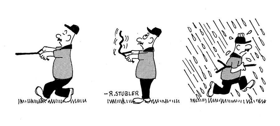 Man dowsing for water finds rain.