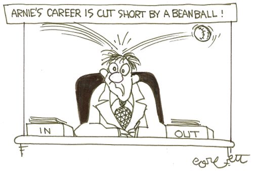 Arnie's career is cut short by a beanball! (man sits at desk).