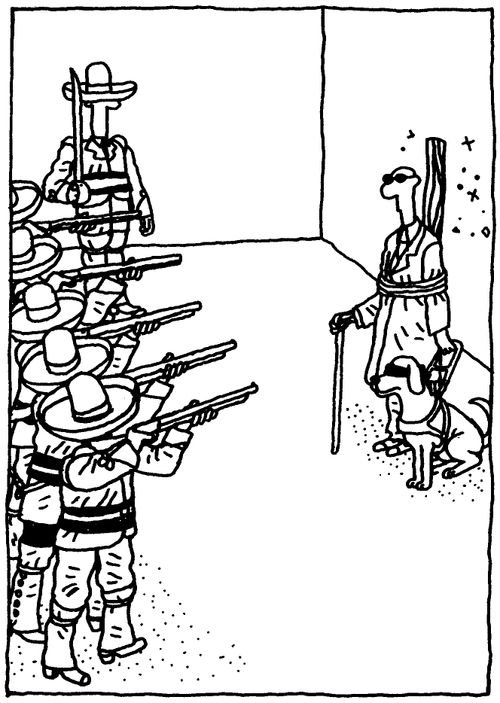 Firing squad. Condemned man with blindfolded guide dog.