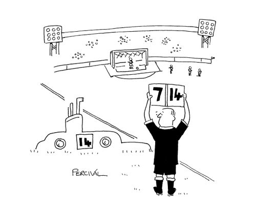 Referee at a football match looking at a submarine instead of a substitute.