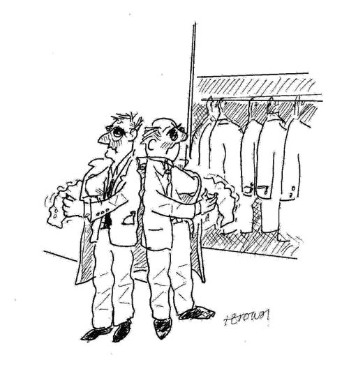 Two drunken men trying to fit into the same coat.