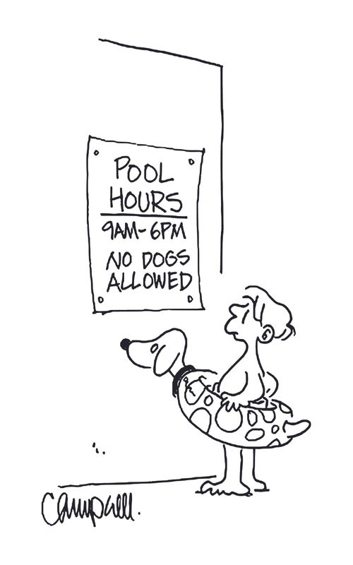 Kid with dog pool toy reads sign at swimming pool saying 'No dogs allowed'.