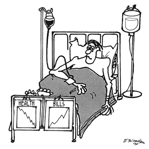 A hospital chart shows health going down and bills going up.