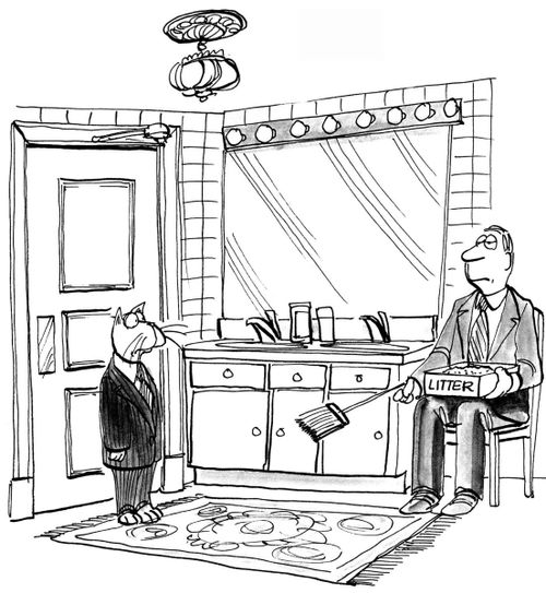 The debonair cat has an attendant with a litter box.