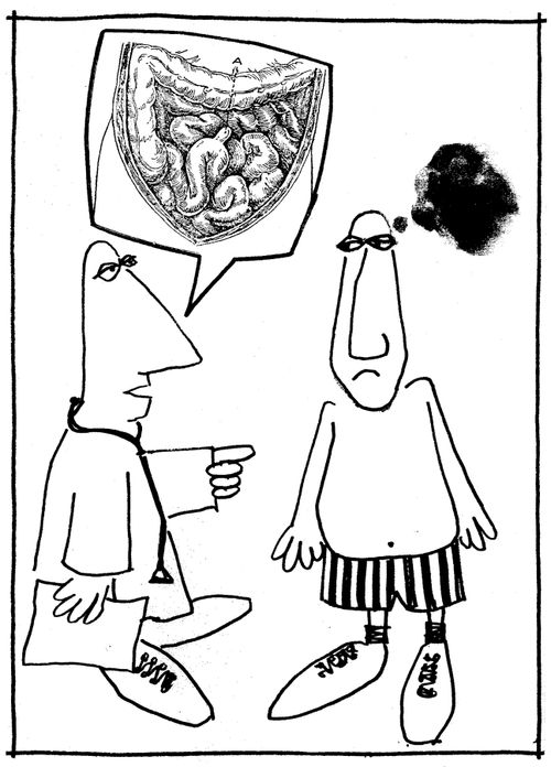 Doctor describes inside guts while patient has black thoughts.
