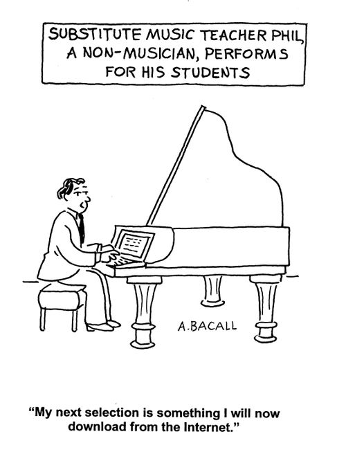 Substitute Music Teacher Phil, A non-musician, performs for his students: 'My next selection is something I will now download from the Internet.'