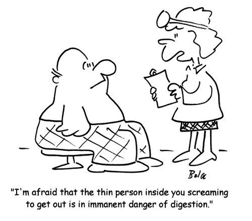'I'm afraid that the thin person inside you screaming to get out is in immanent danger of digeston.'