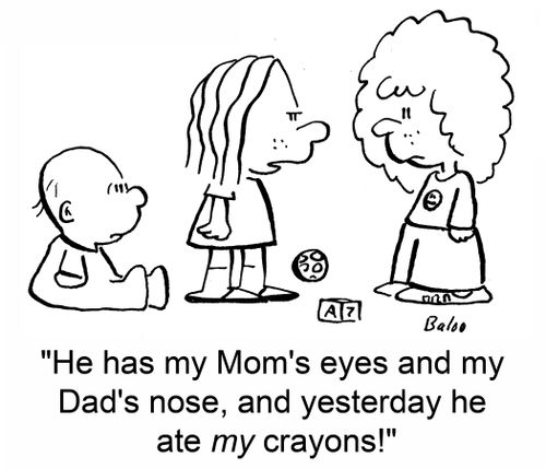 'He has my Mom's eyes and my Dad's nose, and yesterday he ate MY crayons!'