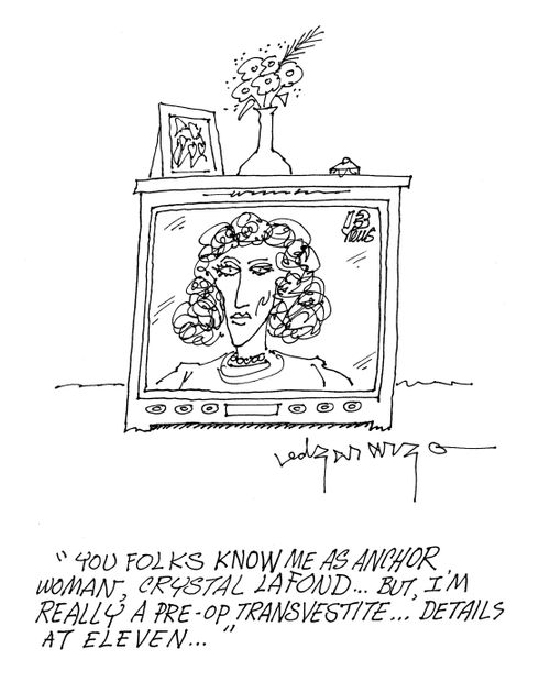 'You folks know me as anchor woman, Crystal Lafond...but, I'm really a pre-op transvestite...details at eleven...'