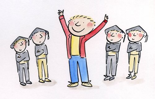 Teacher and students.
