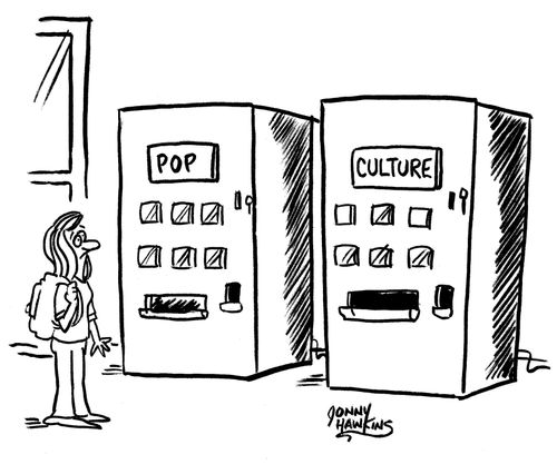 Girl sees two vending machines: 'Pop' and 'Culture'