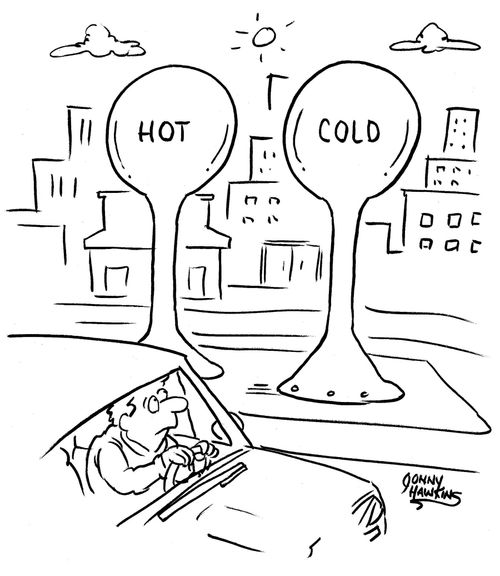 Man sees two water towers, one for 'Hot', one for 'Cold'