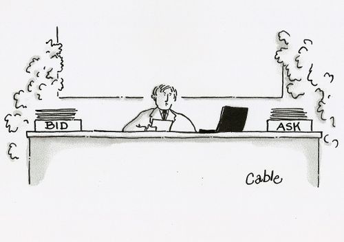 Executive sitting behind desk with one box labelled 'Bid' and the other box labelled 'Ask'.