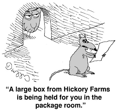 'A large box from Hickory Farms is being held for you in the package room.'