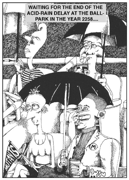 Waiting for the end of the acid-rain delay at the ballpark in the year 2258...