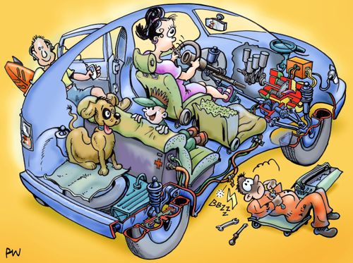 Cutaway of a hybrid car under repair.