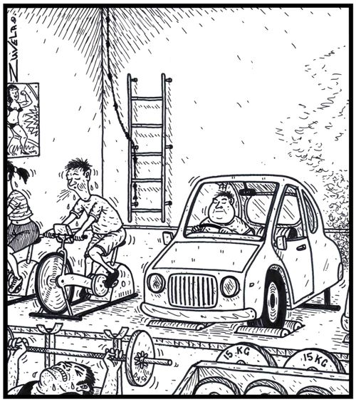 An overweight lazy man chooses to exercise in a car at a gym.