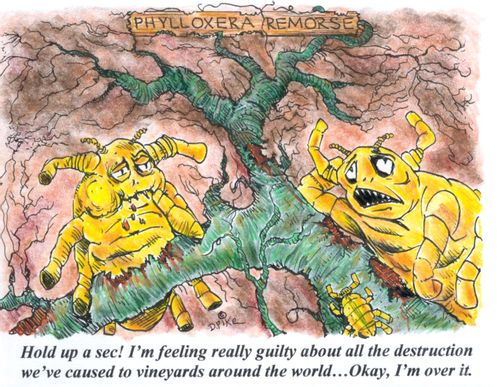 'Hold up a sec! I'm feeling really guilty about all the destruction we've caused to vineyards around the world...Okay, I'm over it.'