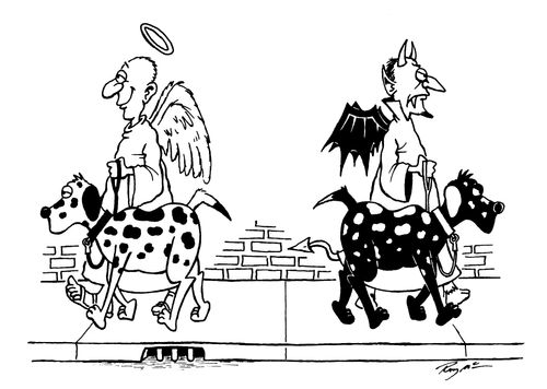 Angel and Devil walking their dogs.