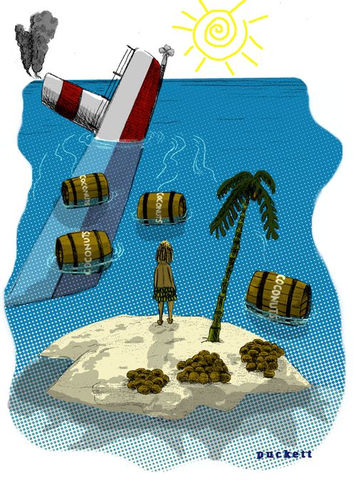 A castaway is watching a ship sink and some of the cargo is drifting towards him.The cargo is barrels of coconuts-which he has plenty of as is...
