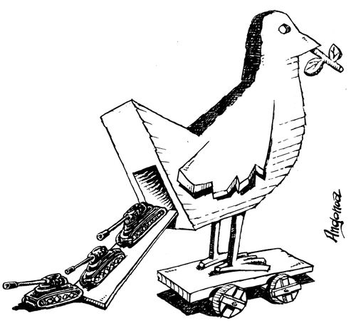 Wooden dove with tanks rolling out of it.