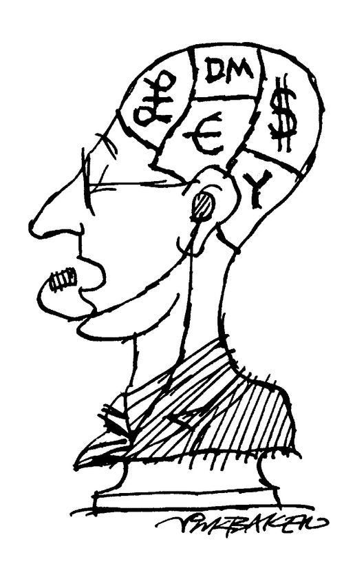 Phrenology bust with sections for different currencies.