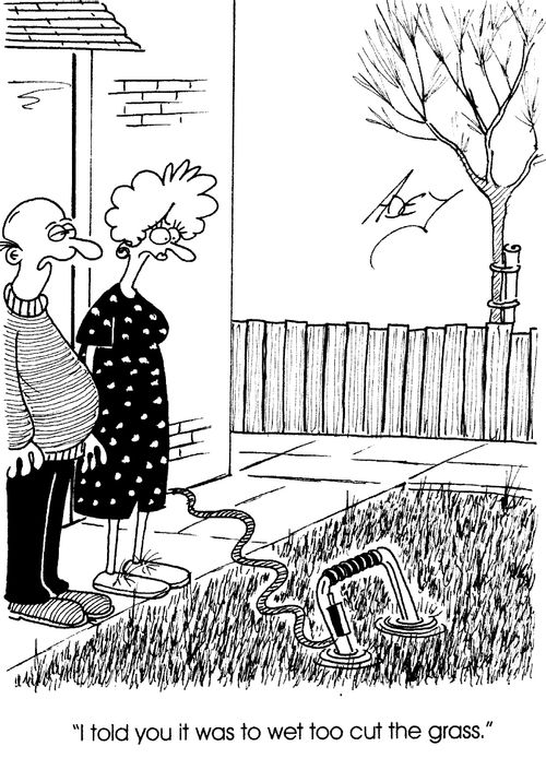 "I told you it was to wet too cut the grass"