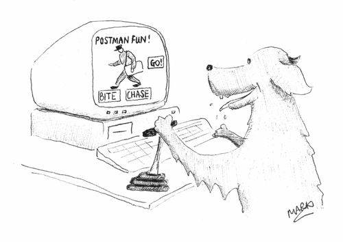 Dog playing a 'chase the postman' game on a PC