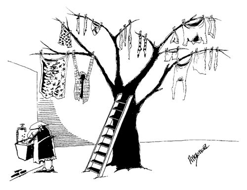 Washer woman hanging clothes on a bare tree