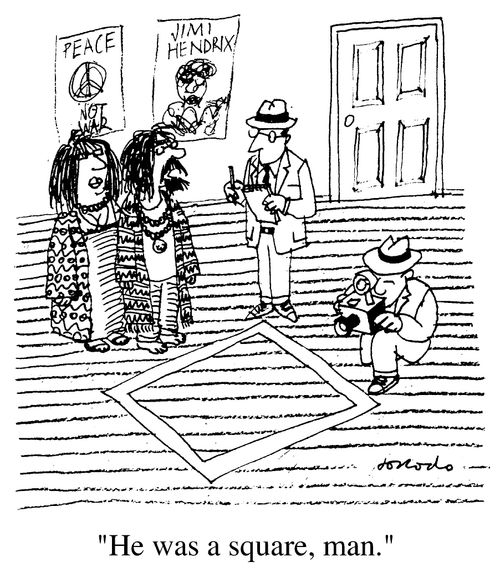 Hippies explaining chalk outline to detective "He was a square man"