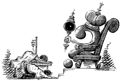 Doctors and patients bowing before ignorance.