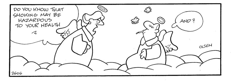 Angel telling another angel that smoking may be hazardous to his health.