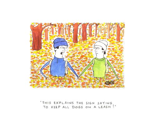 "This explains the sign saying to keep all dogs on a leash!" (Couple up to their waists in Autumn leaves).