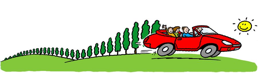 Family drive along avenue of trees in open top car