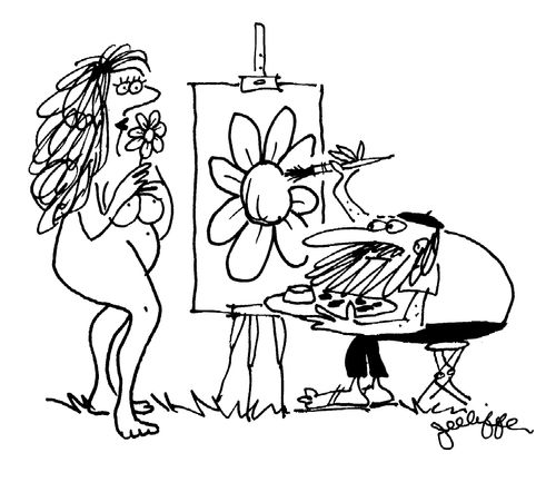 Artist ignoring nude woman and focusing on flower.