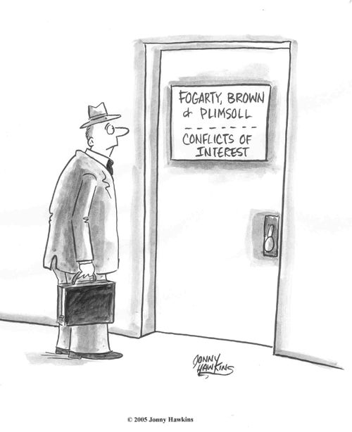 Man sees sign on lawyers' door: 'Fogarty, Brown and Plimsoll ... Conflicts of Interest'
