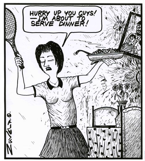 'Hurry up you guys! I'm about to serve dinner!'