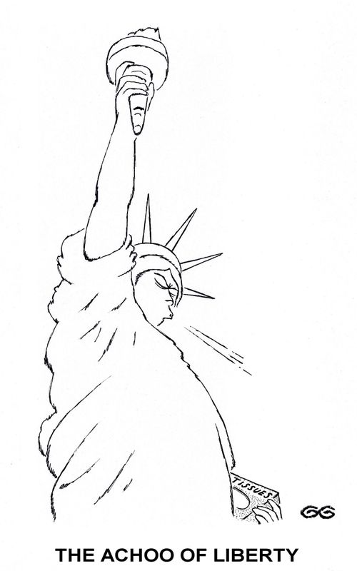 The achoo of liberty (holding box of tissues).