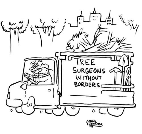 Two men driving truck that says, 'Tree surgeons without borders'.