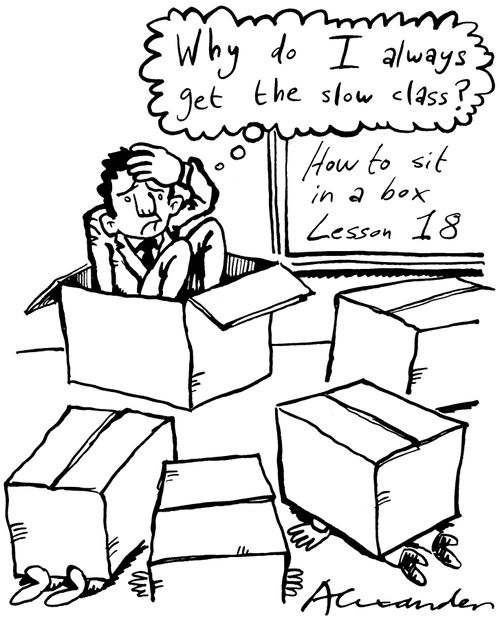 How to sit in a box, Lesson 18.  Teacher: "Why do I always get the slow class?"