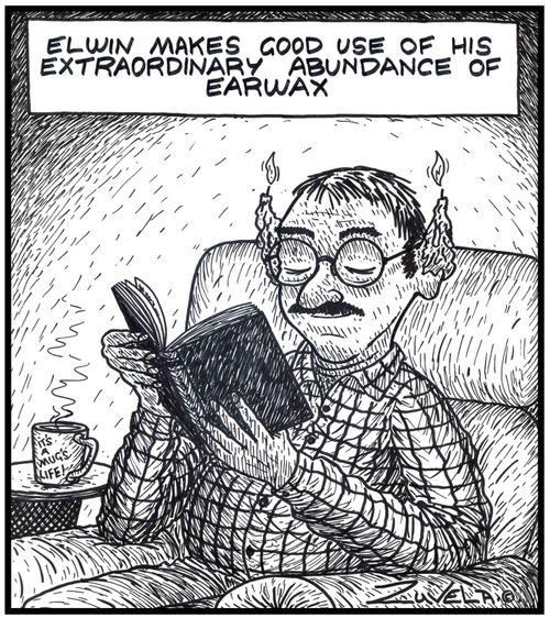 Elwin makes good use of his extraordinary abundance of earwax / A man has made candles from his earwax on his ears using them to read a book 