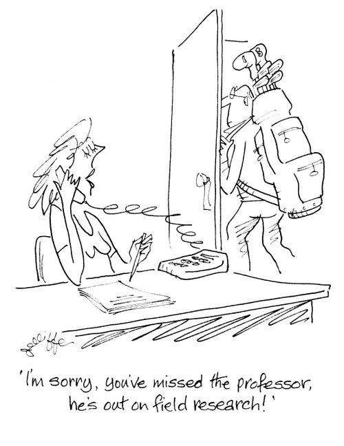 'I'm sorry, you've missed the professor, he's out on field research!'