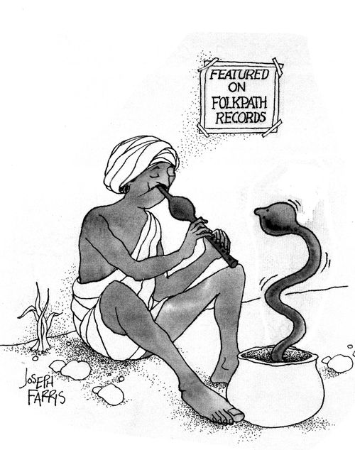 Snake charmer has sign behind him reading: Featured on Folkpath Records.
