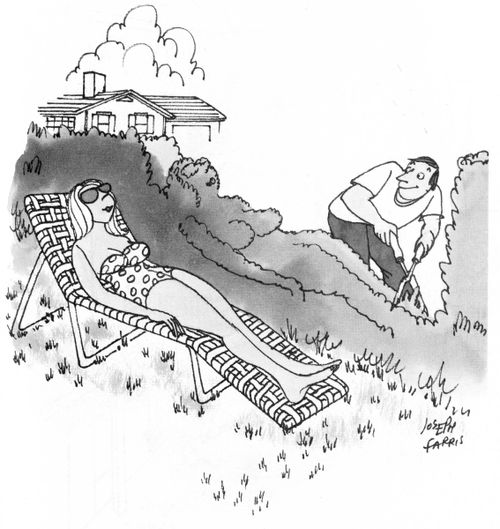 Man cutting hedge into shape of a woman.